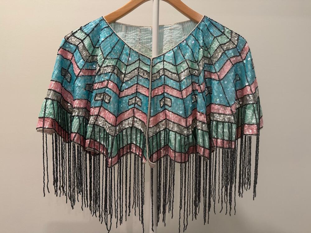 Free People Party All Night Sequin Cape Beaded Fringe Blue Pink Silver Boho OS